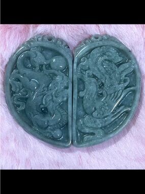 GRADE A Certified Burma Green Jadeite Jade Dragon Phoenix Hand Carved Necklace